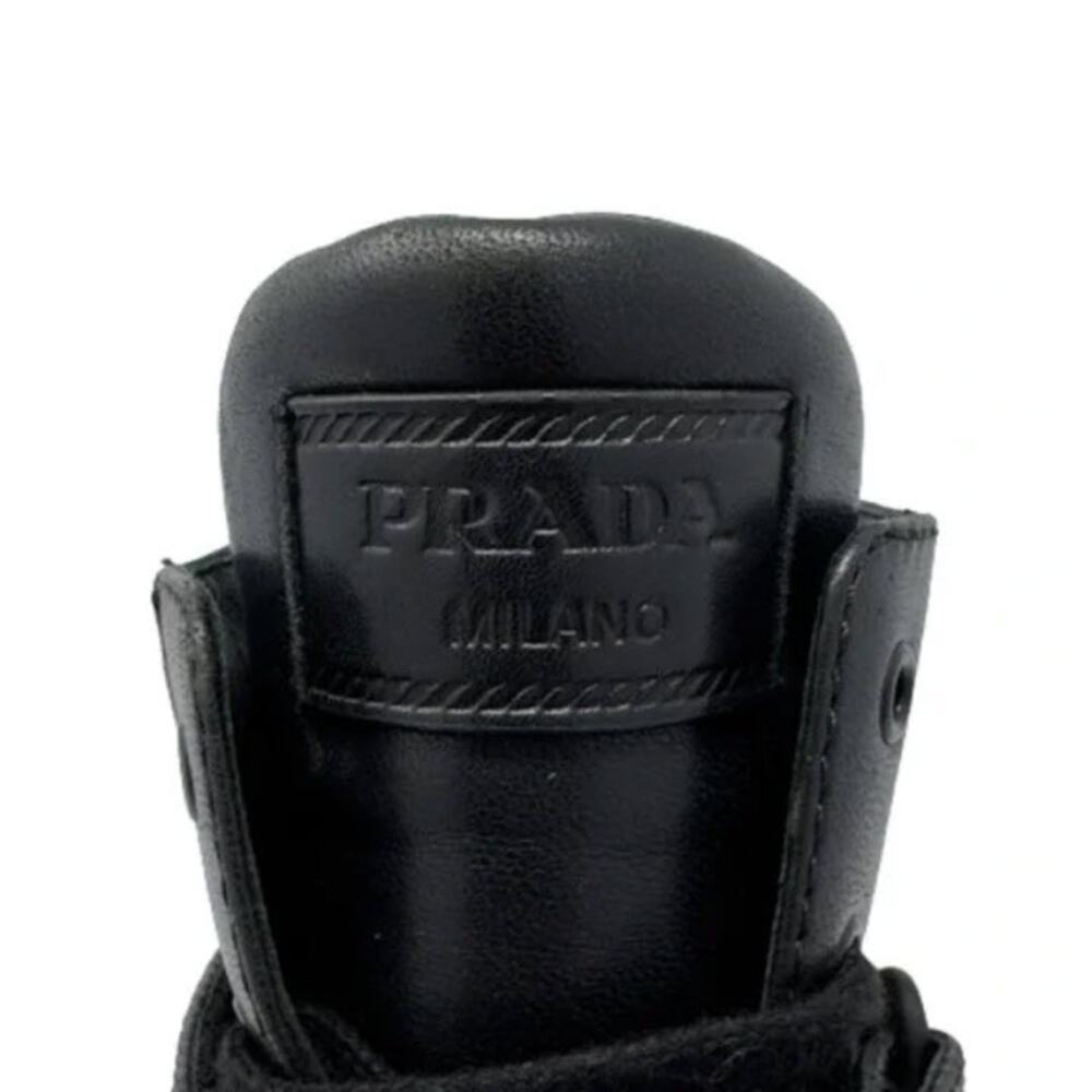 Prada Boots Moto Combat LOGO Ankle Lug Sole Platform Heels‎ Black Shoes 38.5 - Picture 5 of 11